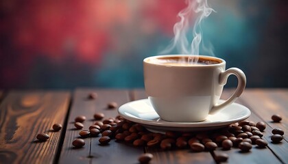 Canvas Print - Steaming Cup of Coffee with Scattered Beans on a Rustic Wooden Surface