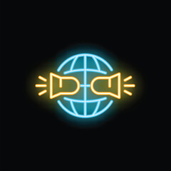 Poster - Neon sign illustrating the concept of worldwide communication with megaphones encircling a globe