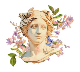 Wall Mural - Classical Beauty, Floral Embrace: A serene profile of a classical bust adorned with a vibrant arrangement of pastel roses, creating a harmonious blend of antiquity and modern floral artistry. 