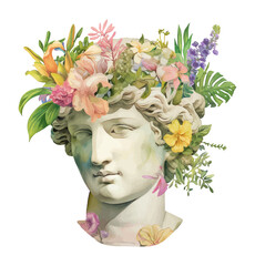 Wall Mural - Classical Beauty, Floral Embrace: A serene profile of a classical bust adorned with a vibrant arrangement of pastel roses, creating a harmonious blend of antiquity and modern floral artistry. 