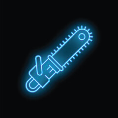 Poster - Bright blue neon chainsaw glowing on black background representing concepts such as lumberjack work, danger and halloween