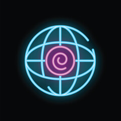 Poster - glowing blue neon world globe graphic with pink copyright symbol glowing in the center