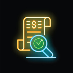 Poster - Neon icon representing the concept of financial audit with a magnifying glass over a document
