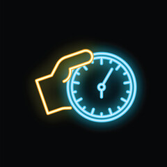 Poster - Neon icon illustration of a hand holding a clock, symbolizing time management