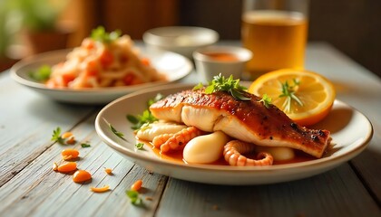 Wall Mural - Delicious plate of grilled fish with shrimps, sliced orange, served with beer and salad