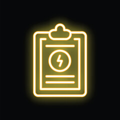 Poster - Yellow neon icon of a clipboard with a lightning sign on it, glowing on a black background