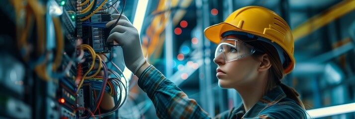 Wall Mural - female electrician and engineer work on an electrical circuit with many cables for communication and data transfer