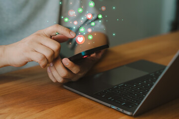 Poster - Young man using a smartphone, with social media icons, symbolizing social distancing engagement, connection, and online communication in the digital age.