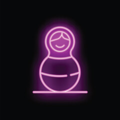 Wall Mural - Neon sign representing a smiling matryoshka doll, a symbol of russian culture, on a dark background