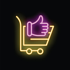 Poster - Neon thumbs up sign inside a shopping cart representing positive feedback for online purchases