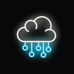 Poster - Neon icon of a cloud with data raining from it on a black background