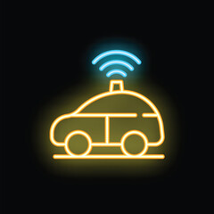 Poster - Glowing neon icon of a self driving or autonomous vehicle using wireless communication