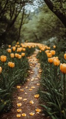 Path of yellow tulips in a lush garden.