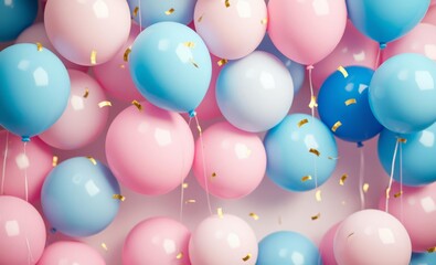 Wall Mural - Pastel balloons, pink and blue, soft lighting, dreamy atmosphere, party decoration, celebratory mood, floating balloons, gentle colors, festive background, close-up view, high-quality render, 3D illus