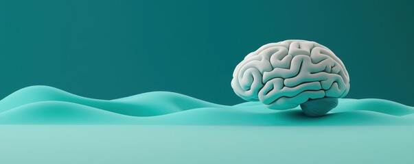 Poster - A stylized brain sits atop a smooth, undulating surface in a serene turquoise environment, symbolizing creativity and thought.