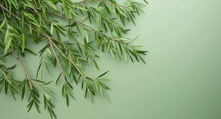 Wall Mural - Willow tree leaves scattered naturally on a plain soft green background