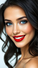  Charming young brunette model with cute smile and black wave hair close-up on white background.