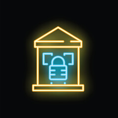 Poster - Glowing neon bank icon symbolizing digital finance, data encryption, and secure transactions in the online banking world