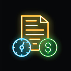 Poster - Neon sign showing the concept of time management for business success with clock and money symbol