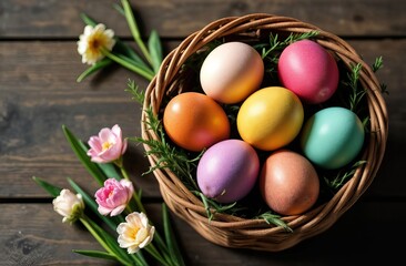 Wall Mural - A Colorful Easter Egg Basket adorned with Beautiful Spring Flowers for festive decorations