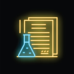 Poster - Neon glowing icon of a chemical flask standing next to papers, depicting the concept of scientific research and laboratory analysis