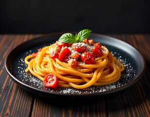 Wall Mural - A delicious plate of spaghetti with cherry tomatoes and grated cheese on a dark plate