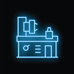 Poster - Bright neon blue icon of a factory with products moving along the assembly line