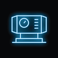 Poster - Blue glowing neon sign representing a piece of industrial equipment with a gauge and buttons