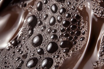 Wall Mural - A close-up of chocolate melting, with visible bubbles and intricate patterns in the liquid form of melted dark chocolate, evoking an attractive texture. 