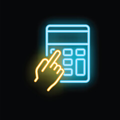 Poster - Glowing neon icon of a hand pressing a button on a calculator, symbolizing accounting and finance