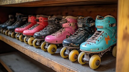 Wall Mural - Colorful roller skates, shop shelf, workshop background, rental