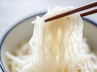 Close-up of rice noodles in a bowl with chopsticks. Featuring long, thin noodles. Highlighting Asian cuisine and meal. Ideal for culinary and food content.