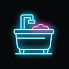 Poster - Blue neon bathtub icon glowing on dark background representing bathroom and cleanliness