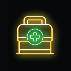 Poster - Glowing neon line first aid kit icon isolated on black background. Emergency medical box. Vector illustration