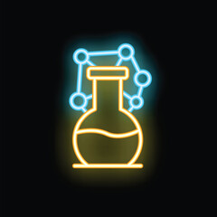 Poster - Neon glowing icon of a chemical beaker with a molecule symbol over a dark background