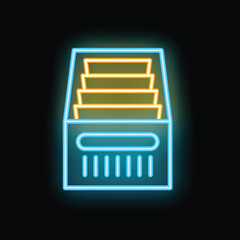 Poster - vibrant neon icon of an archive cabinet glowing on a black background, representing organization and