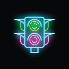 Poster - Colorful neon traffic light glowing on a black background