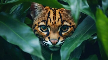 Wall Mural - ocelot starring through leaves in the amazon rainforest