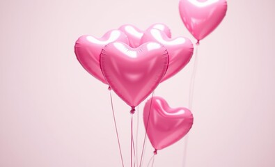 Wall Mural - Pink heart balloons, Valentine's Day, romantic atmosphere, soft lighting, pastel colors, metallic sheen, floating hearts, love concept, glossy surfaces, delicate textures, dreamy aesthetic, gentle sha