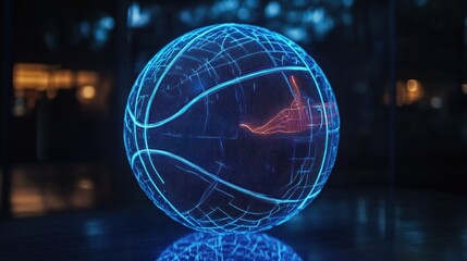 Poster - Futuristic Digital Basketball with Glowing Grid and Fiery Center Displaying Technology