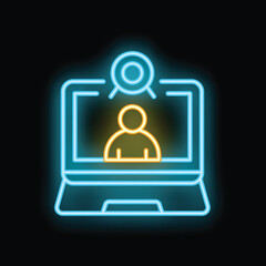 Poster - Neon icon of a businessman attending a video conference on his laptop, perfect for representing remote work and online meetings