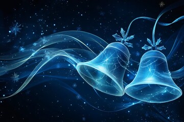 Wall Mural - christmas bells ringing with blue lights and snowflakes falling on dark background