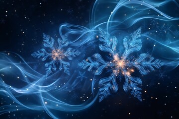 Wall Mural - Snowflakes glowing over a wavy blue background with particles