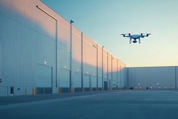 Poster - Drone flying over large warehouse at sunset for security and surveillance