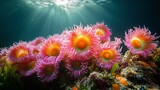 A colorful anemones tentacles swaying in soft underwater lighting