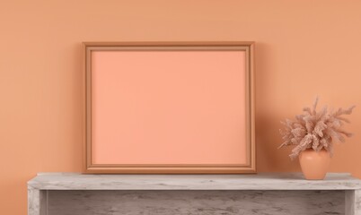 Mock up poster frame in modern design interior background, peach color living room, minimalistic style. Frame mockup. Living room wall posters. Interior with home background.