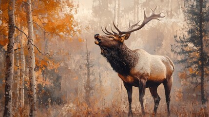 Poster - Majestic Elk Bugling in the Autumn Forest