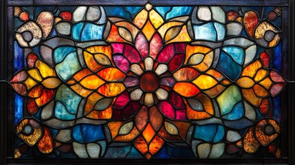 Poster - Stained glass window showcasing intricate floral design in vibrant hues, forming a captivating visual spectacle