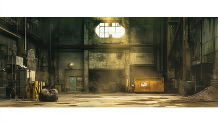 Poster - abandoned industrial warehouse with sunlight streaming through windows, showcasing decay and neglect