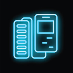 Poster - blue neon icon of a mobile phone connecting to a server database glowing on a black background